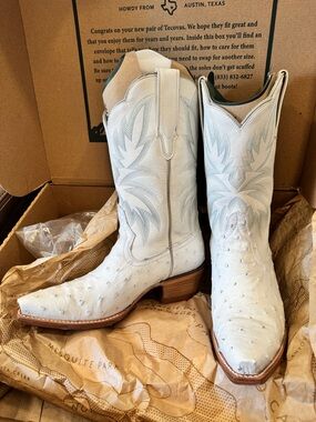 Tecovas Sadie Snow Ostrich Leather Heeled Cowboy Boots